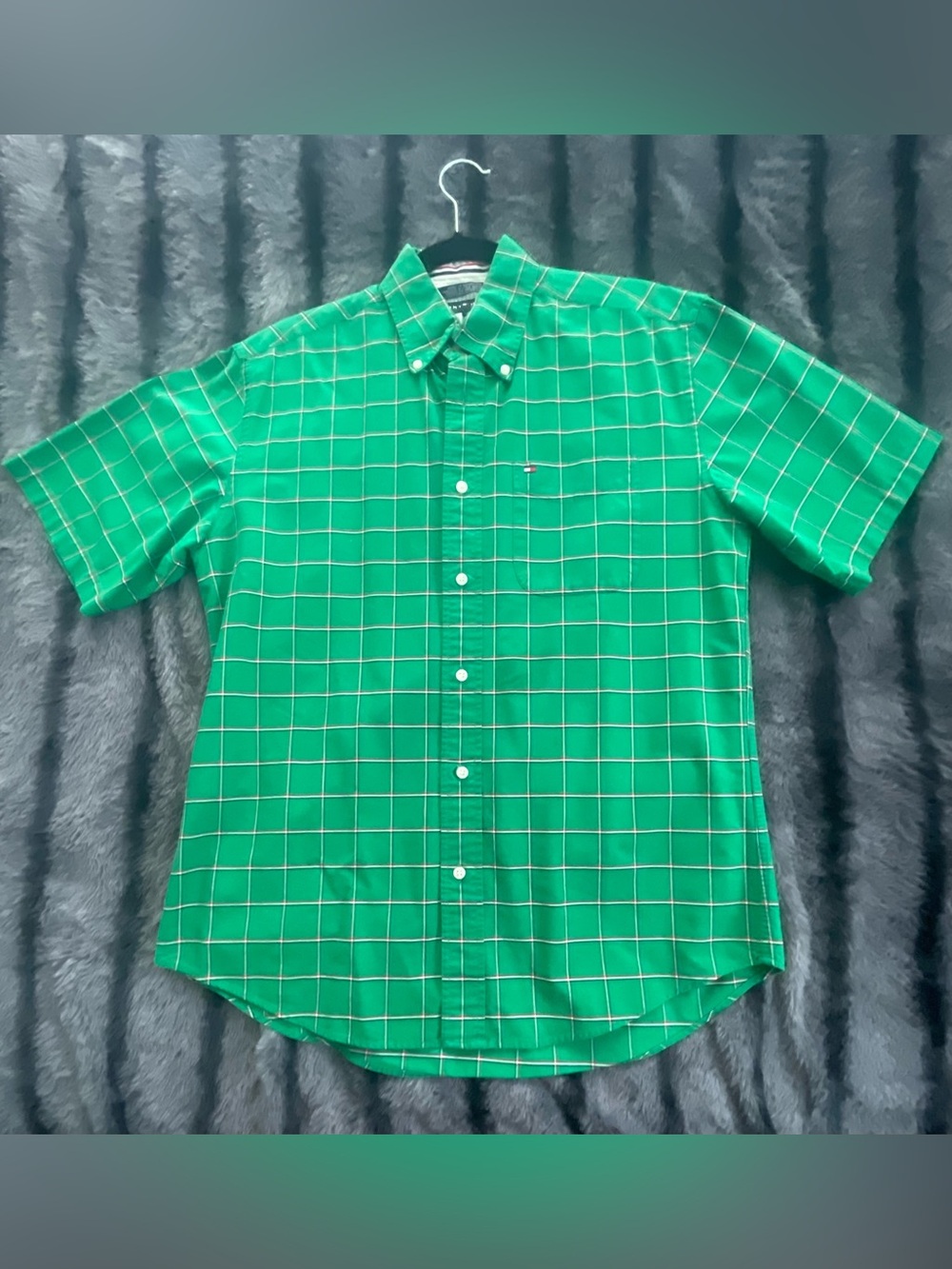 Tommy Hilfiger Green Short-Sleeve Windowpane Button-Down Shirt